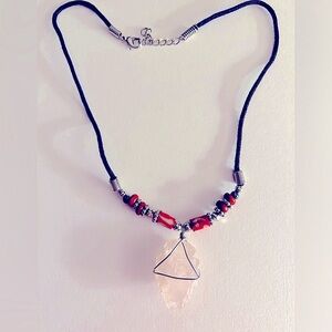 Necklace Rose Quartz stone Arrowhead 1”, red beads 16”
